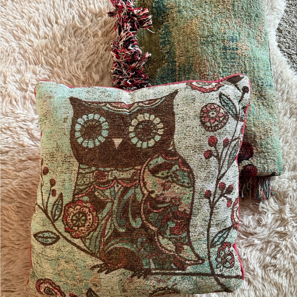 Charming Owl Patterned Throw Pillow and Matching Quilt